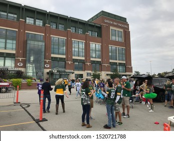 Green Bay, Wisconsin/USA. September 15, 2019. A view of Lambeau Field and the parking lot on a game day. Tailgaters gather before the game.
