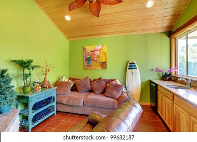 Green Beach Pool Living Room In The Little House With Sink And Sofa.