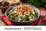 Green Bean Casserole: Classic holiday dish with green beans, cream of mushroom soup, and crispy fried onions on top.