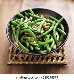 Green Beans With Almonds In Wooden Bowl