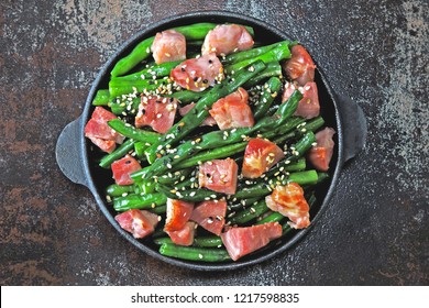 Green Beans With Bacon In A Cast Iron Skillet. Low Carb Dinner. Keto Diet.