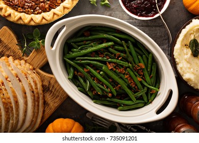 Green Beans With Bacon, Side Dish For Thanksgiving Or Christmas Dinner Overhead Shot