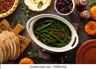 Green Beans With Bacon, Side Dish For Thanksgiving Or Christmas Dinner Overhead Shot