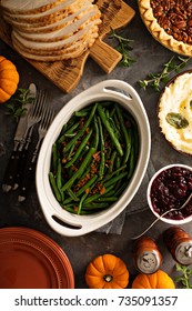 Green Beans With Bacon, Side Dish For Thanksgiving Or Christmas Dinner Overhead Shot