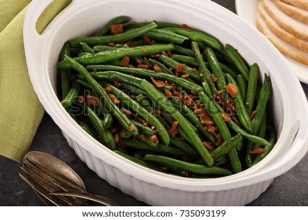Green beans with bacon, side dish for Thanksgiving or Christmas dinner