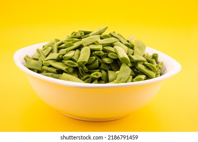 Green Beans In White Bowl. Cut Green Beans In Bowl. Front Shot Green Beans