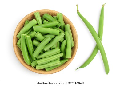Green beans in wooden bowl isolated on a white background with clipping path, Top view. Flat lay
