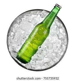 Green beer bottle in a bucket with ice, top view