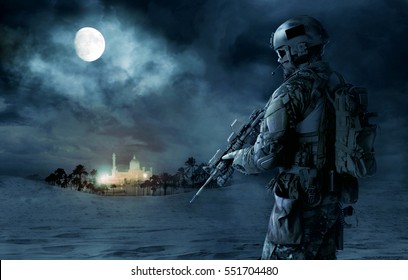 Green Berets US Army Special Forces Soldier Patrolling Desert. Cloudy Night, Full Moon, Oasis Palace