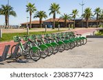 Green bicycles parked on a bike station next to the bike path