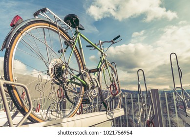 Green Bike On The Train Station In Zurich,Switzerland