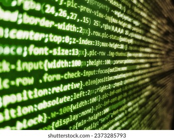 Green binary code. HTML website structure. Screen display of computer script coding. Abstract technology pattern background of IT project. Error concept