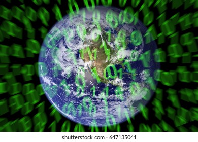 Green binary code technologies on a earth black background Elements of this image furnished by NASA.