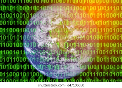 Green binary code technologies on a earth black background Elements of this image furnished by NASA.