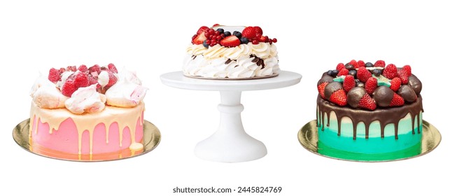 Green birthday cake with berries in chocolate and beautiful white cakes with fresh strawberry and raspberry and hearts, isolated, png, close up