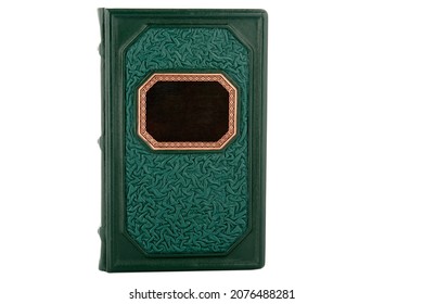 Green Black Gold Leather Mockup Book With Cover Color Isolated On White Background, Front View. With Empty Lable And Metal Fittings.