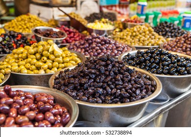 Green and black olives in the oriental market Carmel, Tel Aviv, Israel