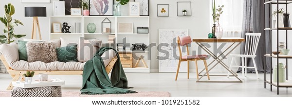 Green Blanket On Couch Pillows Spacious Stock Photo Edit Now