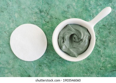 Green (blue) Bentonite Clay In The Bowl. Clay Texture Close Up. Diy Mask And Body Wrap Recipe. Natural Beauty Treatment And Spa. Top View, Copy Space