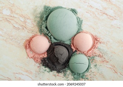 Green (blue), Black And Pink Bentonite Clay Powder. Clay Texture Close Up. Selective Focus. Top View, Copy Space. 