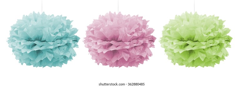 Green, Blue And Pink Paper Pom Poms For A Party - Isolated On White Background. With PS Paths.