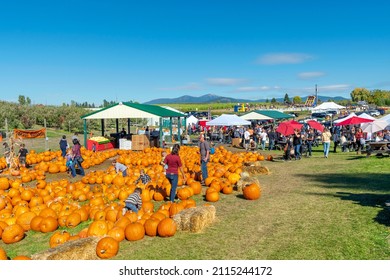 Green Bluff, Washington, USA - October 28 2021: Autumn harvest festival with a pumpkin patch, booths and attractions in the Inland Northwest town of Green Bluff, Washington, USA.