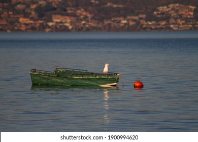 Green Boat And Red Buoyancy Floating In The Lake