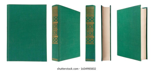 Green book with cloth cover on a white isolated background.