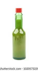 Green Bottle Of The Hot Sauce Isolated Over The White Background