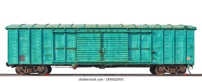 A green boxcar of standard design on the rails isolated on the white background. Front view. - Shutterstock ID 1934332955