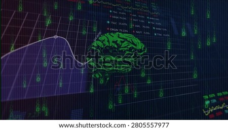 Green brain holo rotating while falling glyphs firing charts moving and labels showing data. Neural, hologram, 3d, grid, dashboard, analytics, neon