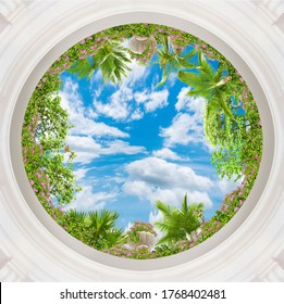 Green branches against the background of the summer sky. Art ceiling. 3D wallpaper. Look up.digital fresco.3D rendering.