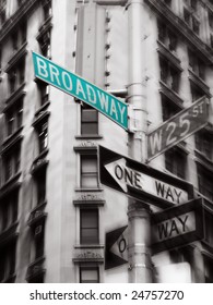 green broadway street sign, black and white photo, new york