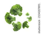 Green broccoli levitating on a white background