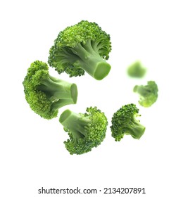 Green broccoli levitating on a white background