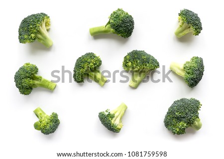Green broccoli pattern food. Isolated vegetable on white background. Top view.