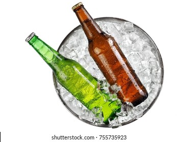 Green And Brown Beer Bottles In A Bucket With Ice, Top View