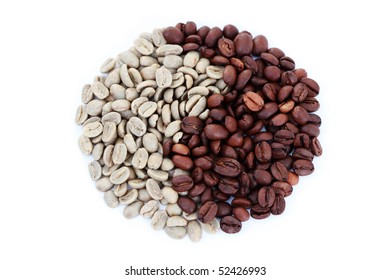 green and brown coffee beans on white background as  Yin Yang - coffee beans