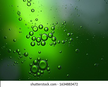  Green Bubbles Of Oil In The Water Surface ,circles Shape And Wave On Water With Shiny Droplets ,abstract Background, Macro Water Drops, Dark Green Light ,shiny Balls ,copy Space ,backdrop