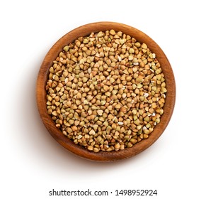 Green Buckwheat Grain In Wooden Bowl Isolated On White Background, Top View