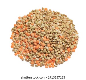 Green Buckwheat And Red Lentils On A White Background. Proteins And Carbohydrates In Ecologically Clean Plant Food