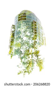 Green Building - In-Camera Double Exposure Of A New High-Rise Growing From A Green Tree