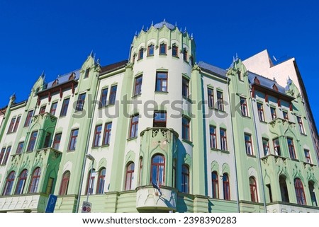 Green building with neo-gothic decoration in Bratislava, Slovakia