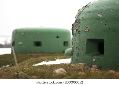 Green Bunker Domes. World War II Fortifications. Winter Landscape. 