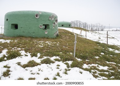 Green Bunker Domes. World War II Fortifications. Winter Landscape. 