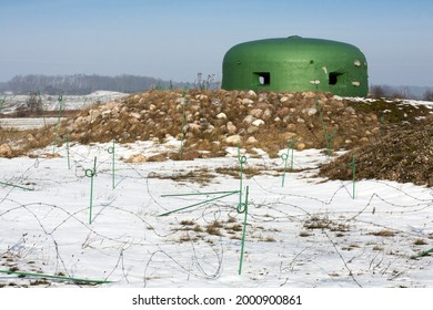 Green Bunker Domes. World War II Fortifications. Winter Landscape. 