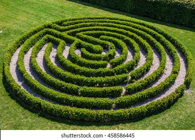 Green Bushes Circular Labyrinth, Hedge Maze. Top View.