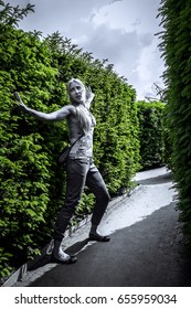 Green Bushes Labyrinth, Hedge Maze. Woman Search The Exit. Walk In Garden