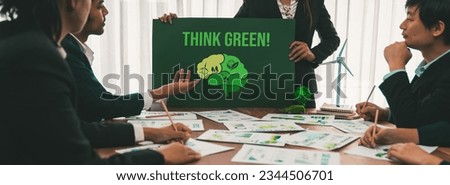 Green business company meeting on environmental awareness and ecological protection regulation implementing to reduce CO2 emission and save Earth as responsible and eco-friendly company. Trailblazing