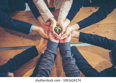 Green business eco company partners holding plant together trust mission team with green hands stacked. Ecology collaboration development ecosystem organization in greenery company partnership concept - Powered by Shutterstock